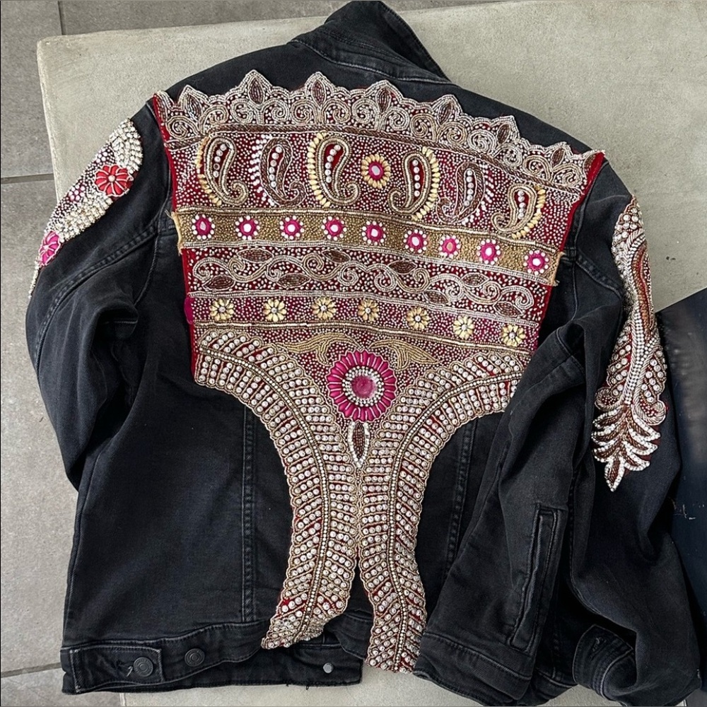 Handcrafted beaded black denim jacket -sz tag missing fits like a sm/m